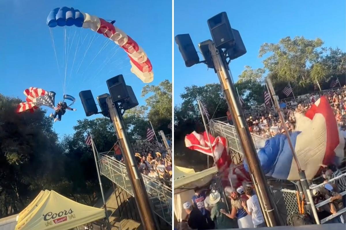 Heart-stopping video shows moment American flag-carrying skydiver crash lands at California rodeo