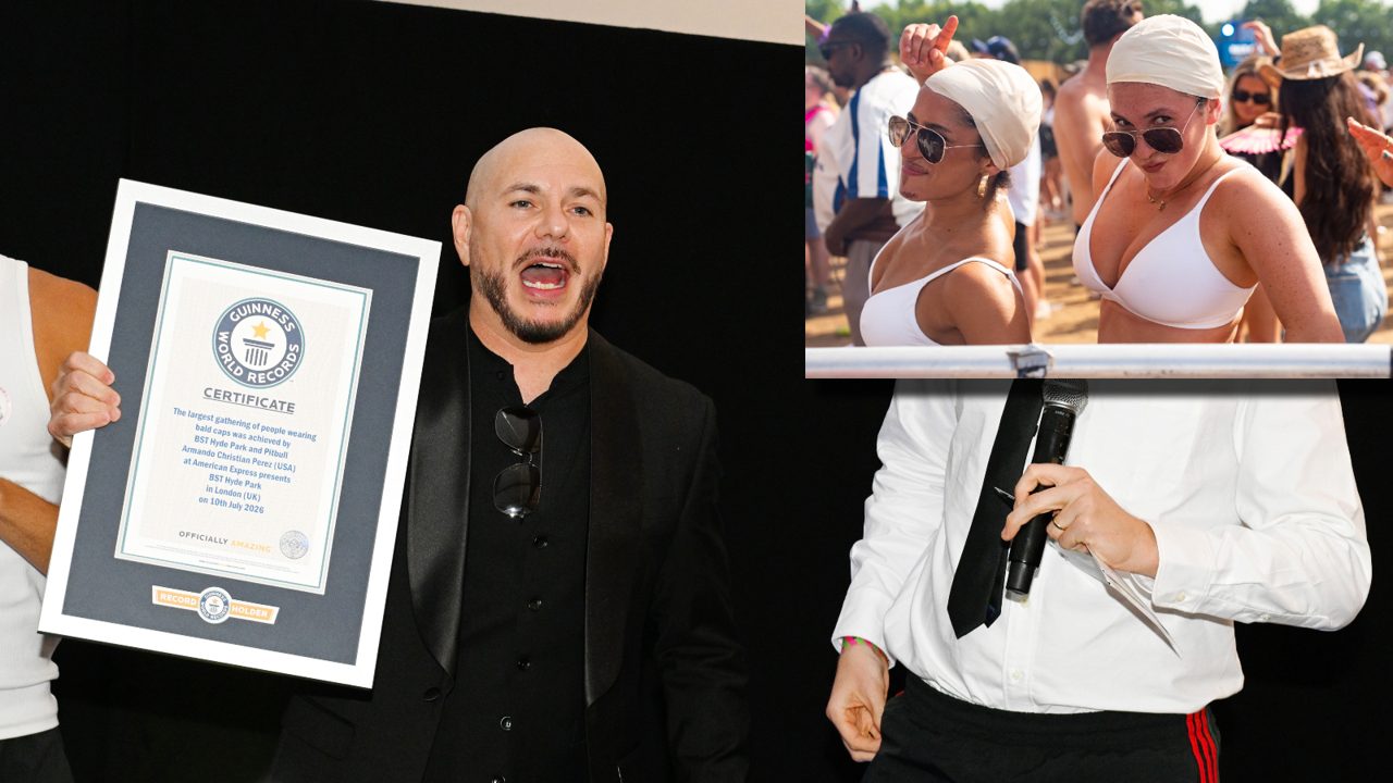 Pitbull Has Officially Become The Face Of Male Baldness After Setting World Record For Largest Gathering Of People Wearing Bald Caps