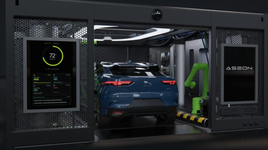Aseon Labs raises ten million dollars to build parking-space-sized pods that charge and clean robotaxis