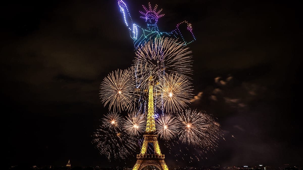 Spectacular drones and fireworks illuminate Eiffel Tower ahead of Bastille Day