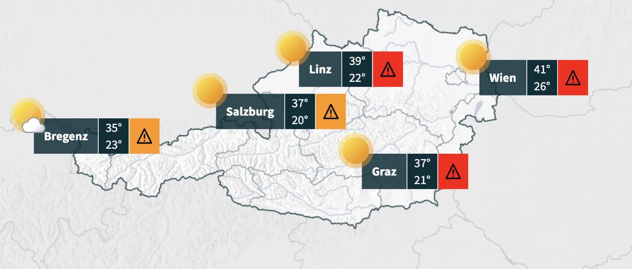 MAPS: Austria on extreme heat alert as temperatures forecast to rise above 40C